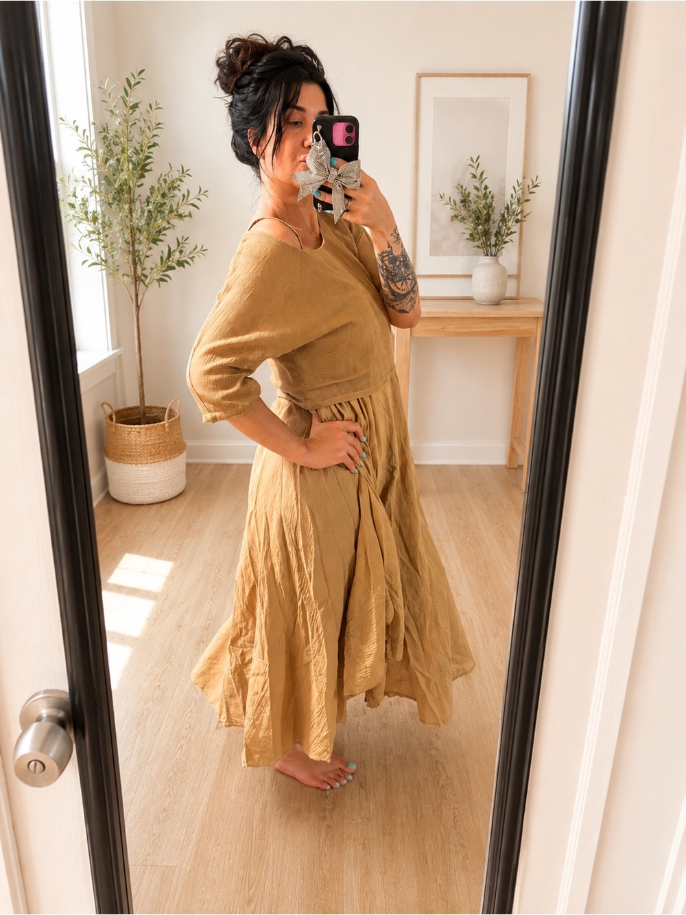 Italy Boutique Layered Midi Dress OS Boho Lagenlook Mesh Knit in Camel 🐪 NWT